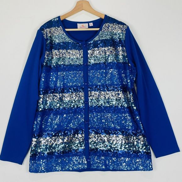 Quacker Factory‎ Blue Stripe Button Front Sequin Shirt Top Jacket Womens Large - Picture 1 of 5